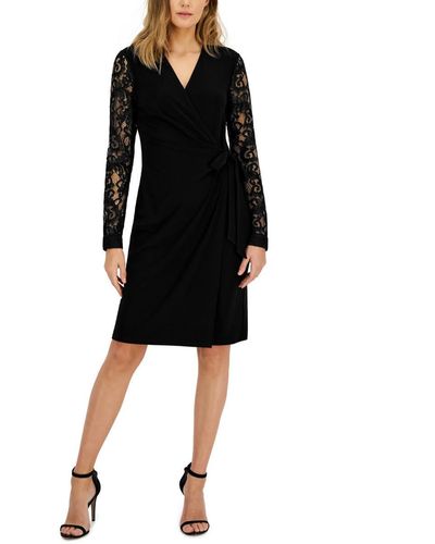 Anne Klein Classic Wrap Dress With Lace Sleeves - Black