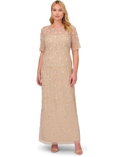 Adrianna Papell Beaded Long 3d Floral Gown - Natural