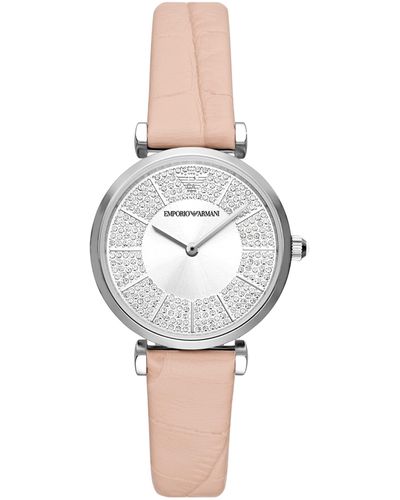 Emporio Armani Two-hand Pink Leather Band Watch - White