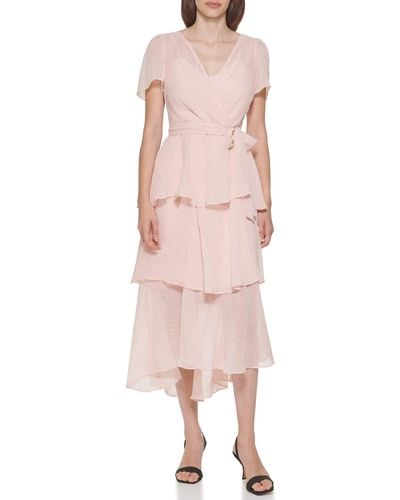 Calvin Klein Maxi V-neck Ruffle At Skirt Chiffon Dress - Pink