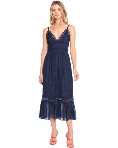 Donna Morgan Lace Trim Midi Dress With Ruffle Hem - Blue