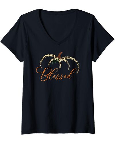 Ash S Fall Leopard Print Pumpkin Blessed Women Tee Thanksgiving V-neck T-shirt - Black