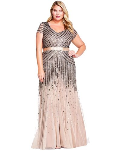 Adrianna Papell Plus Size Floor Length Beaded Cap Sleeve V-neck Dress - Pink