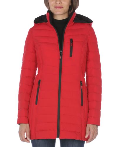 Nautica 3/4 Midweight Stretch Puffer Jacket With Hood - Red