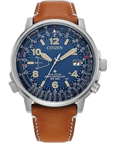 Citizen Eco-drive Promaster Air Skyhawk Atomic Time Keeping Watch In Super Titanium With Brown Leather Strap - Blue