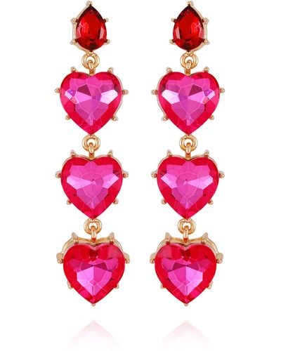 Guess Goldtone Pink Glass Stone Heart Dangle Earrings