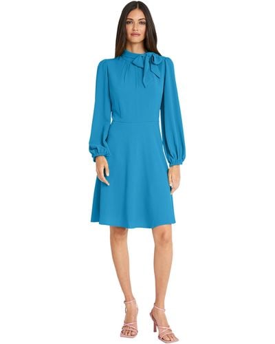 Maggy London S Long Sleeve Tie Neck Fit And Flare Business Casual Dress - Blue