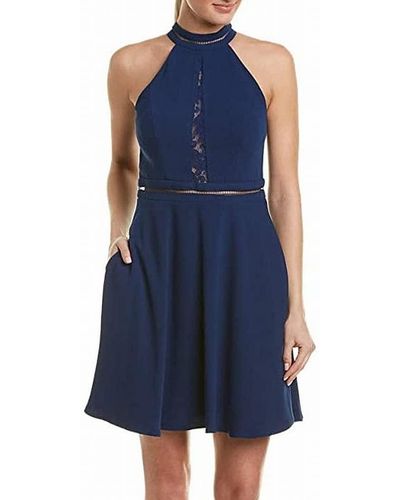 Aidan By Aidan Mattox Crepe And Lace Mockneck Halter Cocktail Dress - Blue
