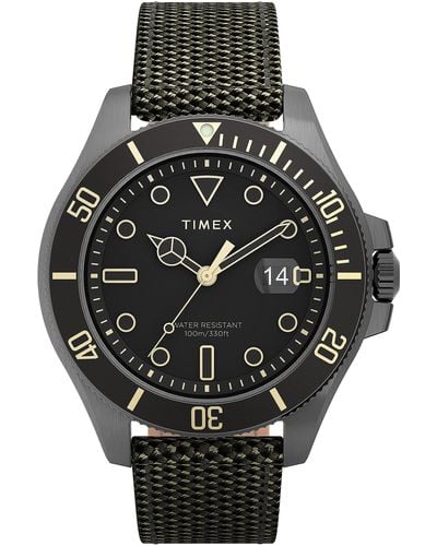 Timex Harborside Coast 43mm Watch – Black Dial Black Top Ring Gunmetal Case With Green Fabric