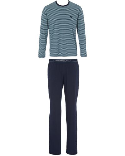 Emporio Armani Yarn Dyed Long Sleeve Pants Pajama Set - Blue