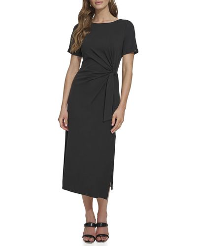 DKNY Front Tie Boat Neck Short Sleeve Dress - Black