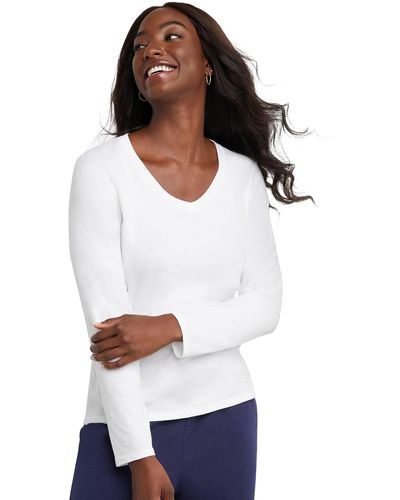 Hanes V-neck Long Sleeve Tee - White