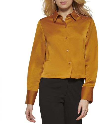 DKNY Button Front Cropped Long Sleeve Top - Orange