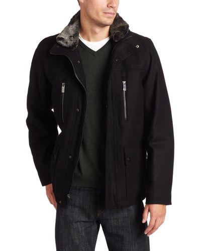 Michael Kors Pierce Wool Blend Multi Pocket Hipster With Detachable Faux Fur Top Collar - Black