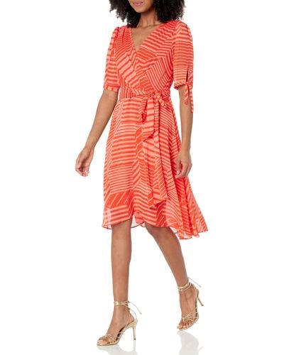 Tommy Hilfiger S Orange Zippered Striped Short Sleeve Surplice Neckline Midi Faux Wrap Dress Uk