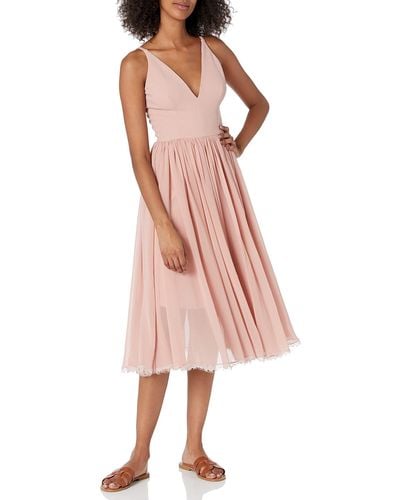 Dress the Population Womens Alicia Plunging Mix Media Sleeveless Fit And Flare Midi Bridesmaid Dress - Pink