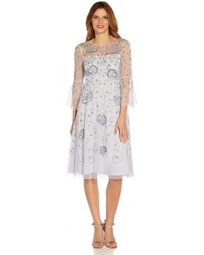 Adrianna Papell Beaded Cocktail Dress Bell Sleeve - White