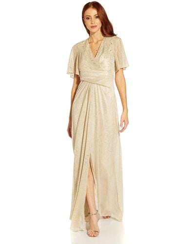 Adrianna Papell Metallic Mesh Draped Gown With Flutter Sleeves - White