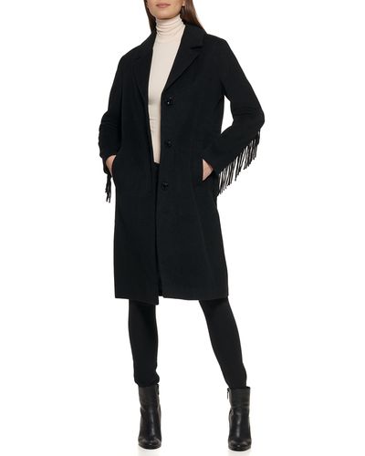 Kenneth Cole Full Length Wool Button Up Fringe Jacket - Black