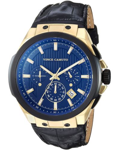Vince Camuto Multi-function Gold-tone And Black Croco-grain Leather Strap Watch