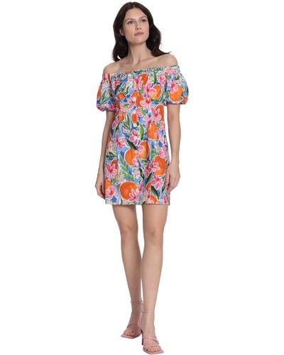 Donna Morgan Short Puff Sleeve Off The Shoulder Mini Dress With Front Placket And Buttons - Multicolor