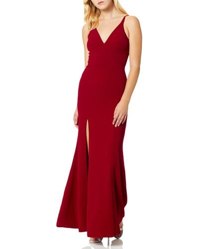 Dress the Population Iris Plunging Spaghetti Strap Sleeveless Long Gown Dress - Red
