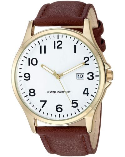 Amazon Essentials Easy To Read Gold-tone And Brown Strap Watch - Multicolor