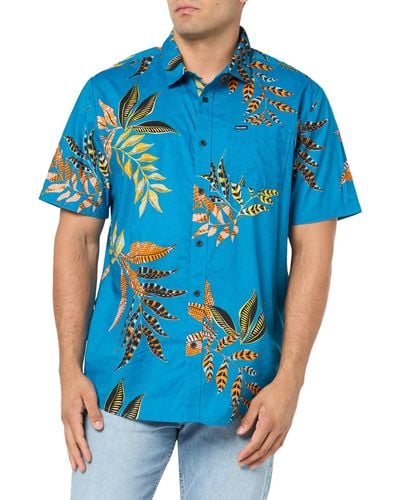 Volcom Marble Floral Short Sleeve Button Down Hawaiian Shirt - Blue