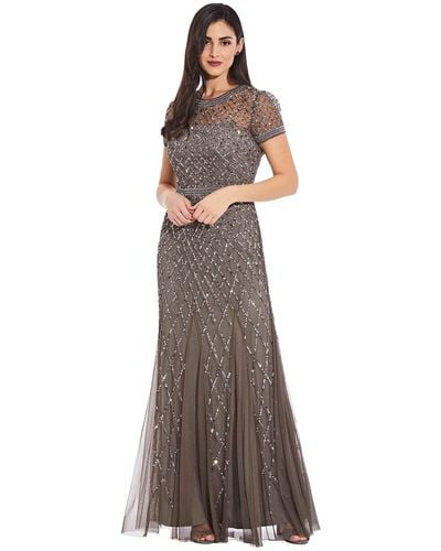 Adrianna Papell Short Sleeve Beaded Mesh Gown - Multicolor