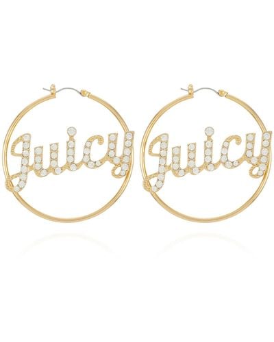 Juicy Couture Goldtone Pave Crystal Glass Stone Logo Hoop Earrings - Metallic