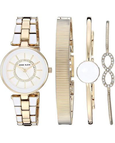 Anne Klein Ak/3286wtst Premium Crystal Accented Gold-tone And White Watch And Bracelet Set - Metallic