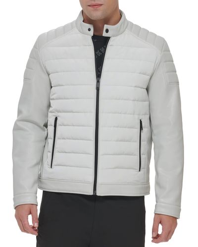 DKNY Mixed Media Faux Leather Puffer Motocros Racer Jacket - White
