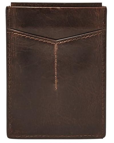 Fossil Derrick Leather Rfid-blocking Magnetic Card Case With Money Clip Wallet - Brown