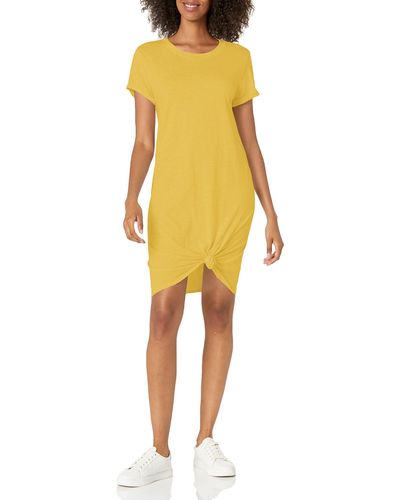 Lucky Brand Womens Short Sleeve Crew Neck Twist Front Shirt Casual Dress - Yellow