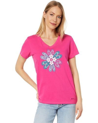 Life Is Good. Flip Flop Flower Short Sleeve Crusher Vee - Pink