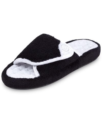 Isotoner Terry Spa Slip On Slide Slipper With Memory Foam For Indoor/outdoor Comfort - Black