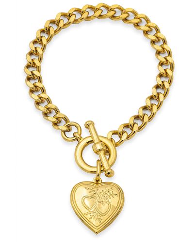 Ben-Amun 24k Gold Plated Made In New York Heart Locket Bracelet Charm Pendant Chain Link Vintage For Anniversary Valentines Gift Fashion - Metallic