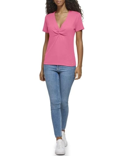 Calvin Klein Casual 1x1 Rib Cotton V Neck Twist Detail Short Sleeve - Pink