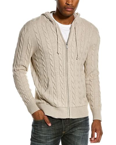 Brooks Brothers Cotton Cable Knit Full Zip Hoodie Sweater - Natural