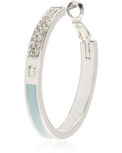 Guess Silvertone Pave Crystal Glass Stone And Light Blue Hoop Earrings - White
