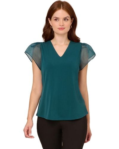Adrianna Papell V-neck Knit Top With Organza Flutter Sleeves - Green