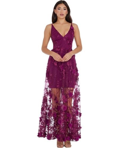 Dress the Population S Embellished Plunging Gown Sleeveless Floral Long Dress - Purple