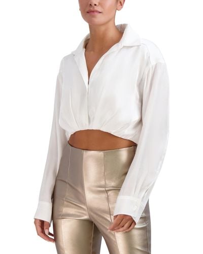 BCBGeneration Long Sleeve Collar Neck Cropped Button Up Top - White