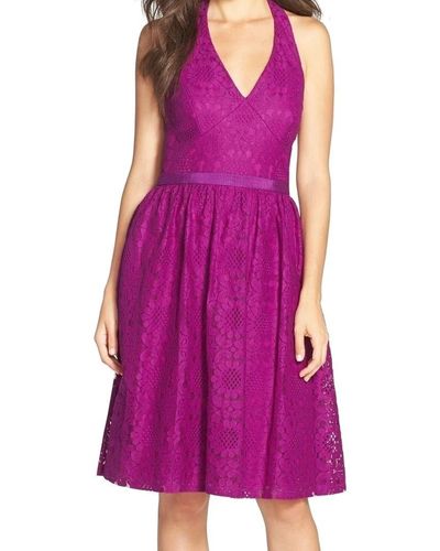 Maggy London Sunflower Scroll Lace Halter Fit And Flare - Purple