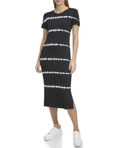 Andrew Marc Short Sleeve Printed Midi Dress With Slits - Black