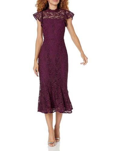 Shoshanna Lea Flutter Sleeve Plum Lace Midi Dress - Purple