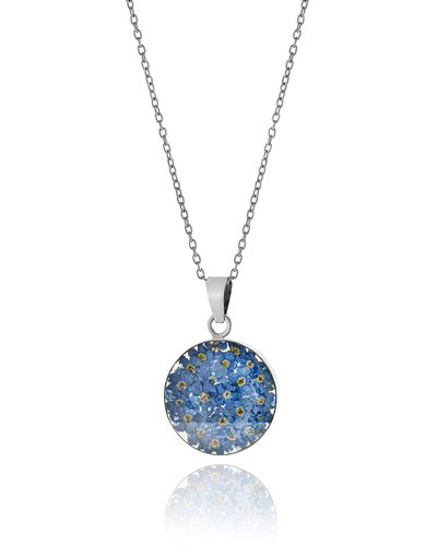 Amazon Essentials Sterling Silver Pressed Flower Round Pendant Necklace - Blue