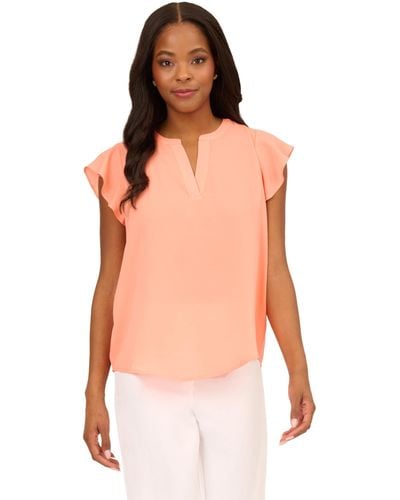 Adrianna Papell Solid Short Ruffle Sleeve Popover Blouse - Orange