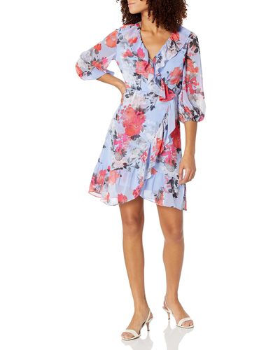 Adrianna Papell Coral Blossoms Faux Wrap Dress - Blue