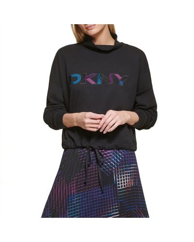 DKNY Logo Mock Neck Sequin Sportswear Sweatshirt - Black